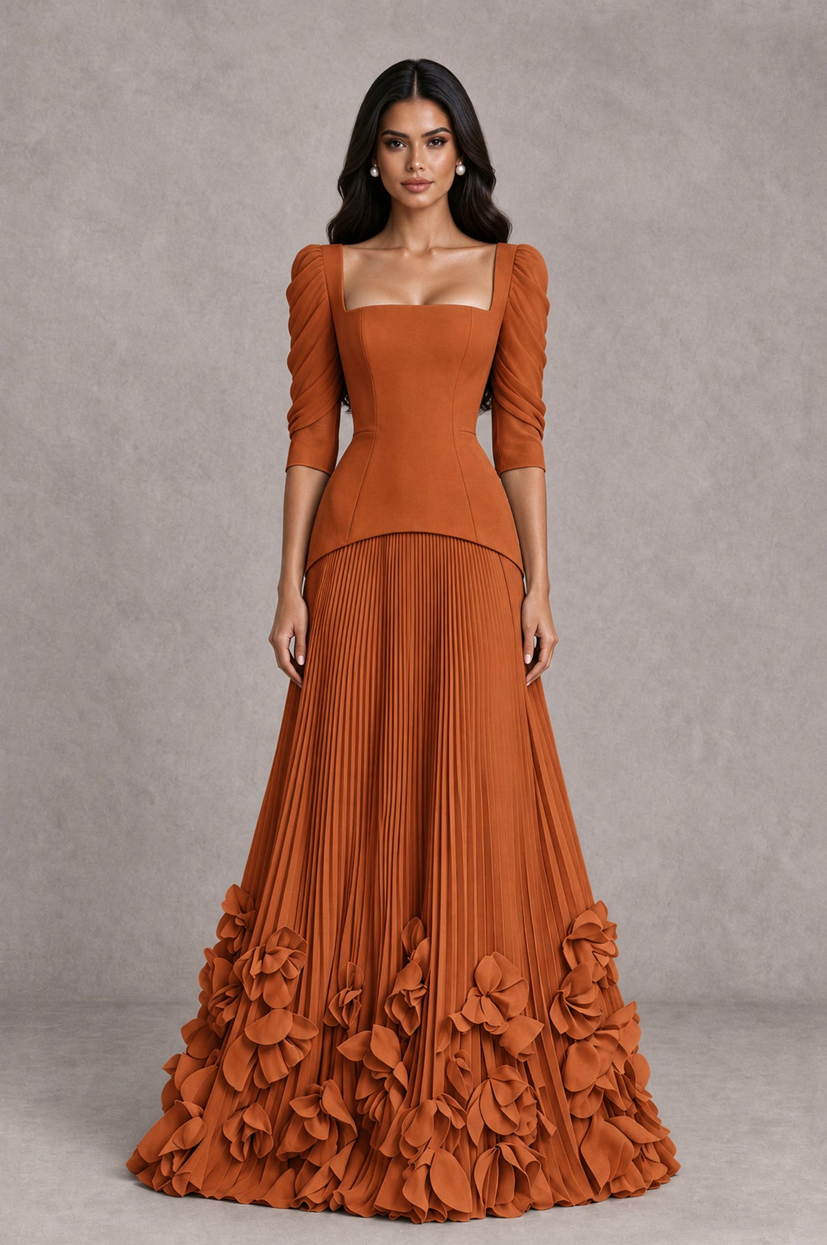 BOLODOO Burnt Orange Square Neck Pleated Floral Applique Evening Dress - Burnt Orange - Burnt Orange_1