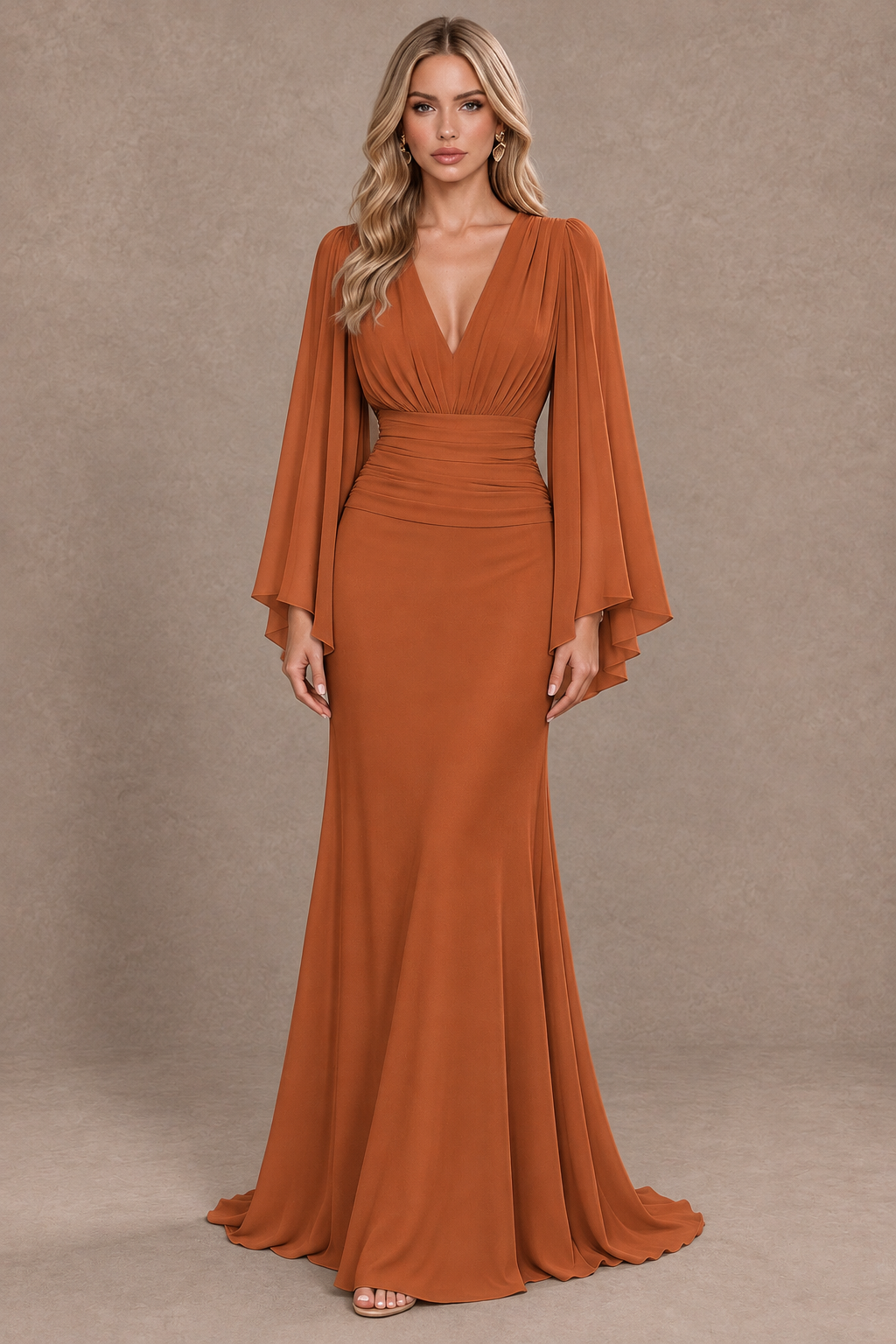 BOLODOO Burnt Orange Cape Sleeve V-Neck Ruched Chiffon Evening Dress - Burnt Orange - Burnt_Orange_1