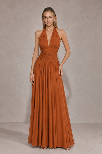 BOLODOO Burnt Orange Chiffon Halter Deep V-Neck Ruched A-Line Backless Maxi Dress with Train-BD0167 - Burnt Orange - Burnt Orange_1