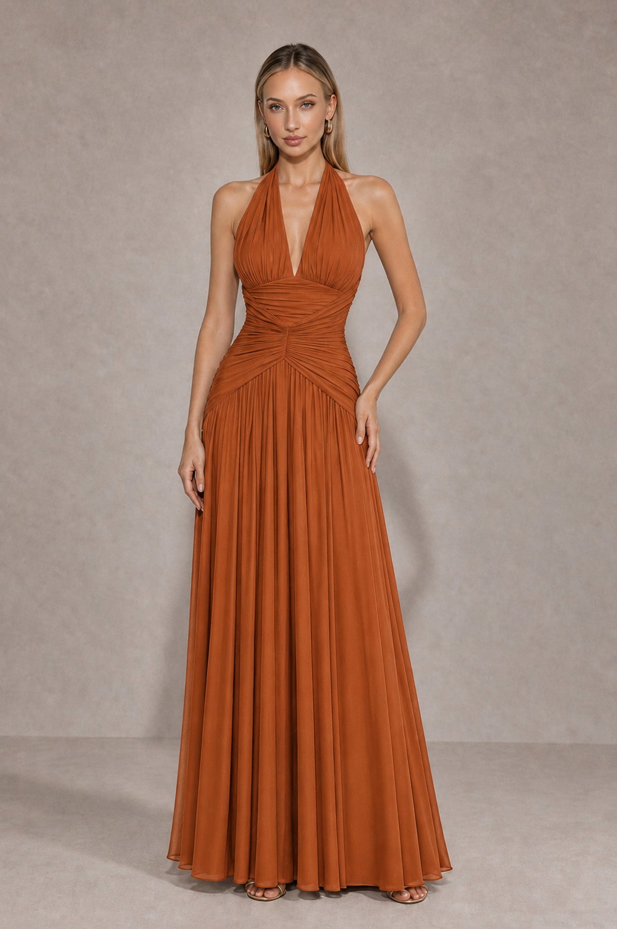 BOLODOO Burnt Orange Chiffon Halter Deep V-Neck Ruched A-Line Backless Maxi Dress with Train-BD0167 - Burnt Orange - Burnt Orange_1