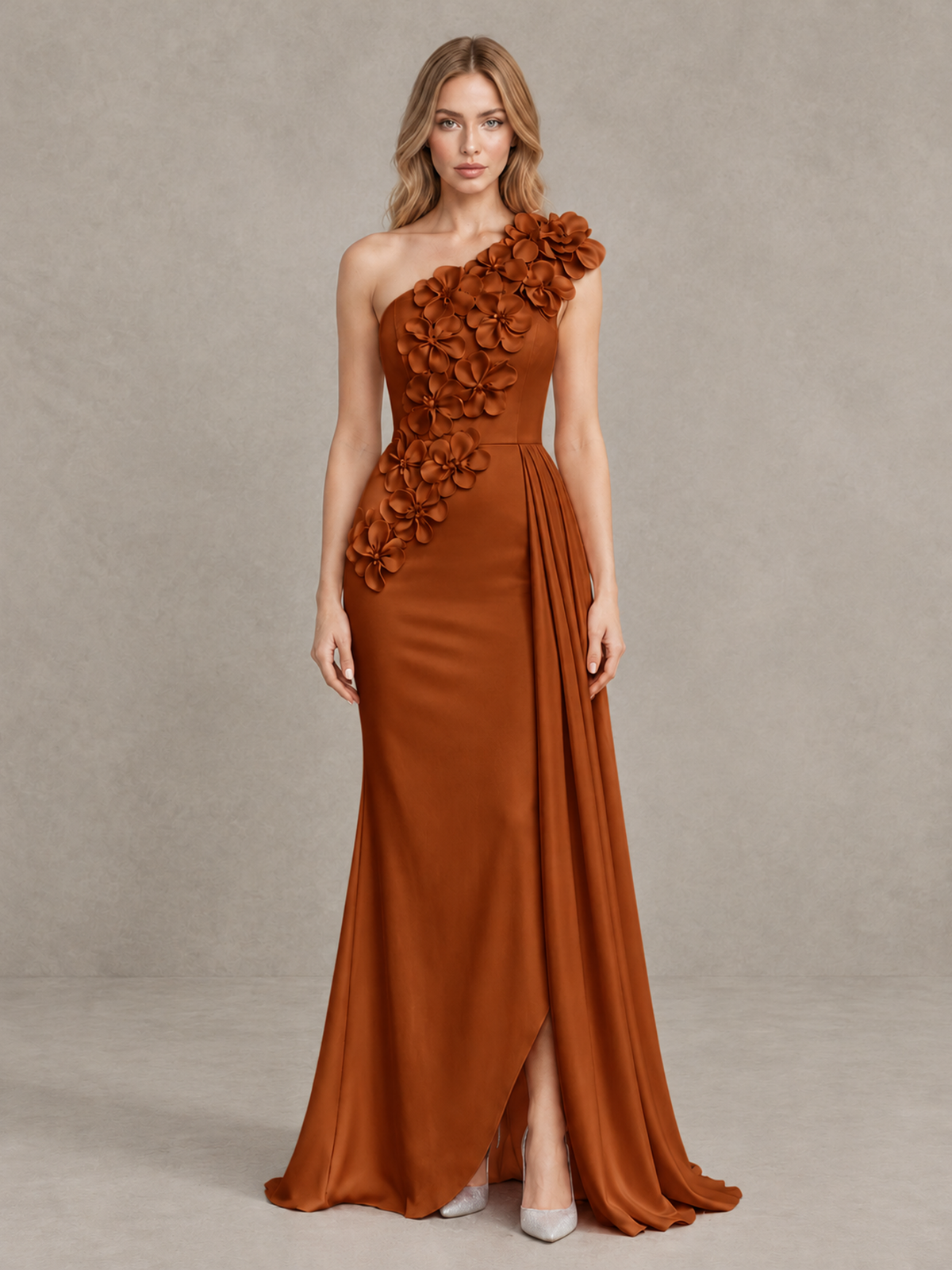 BOLODOO Burnt Orange One-Shoulder Satin Mermaid Evening Gown with 3D Floral Appliqué - Burnt Orange - Burnt Orange_1