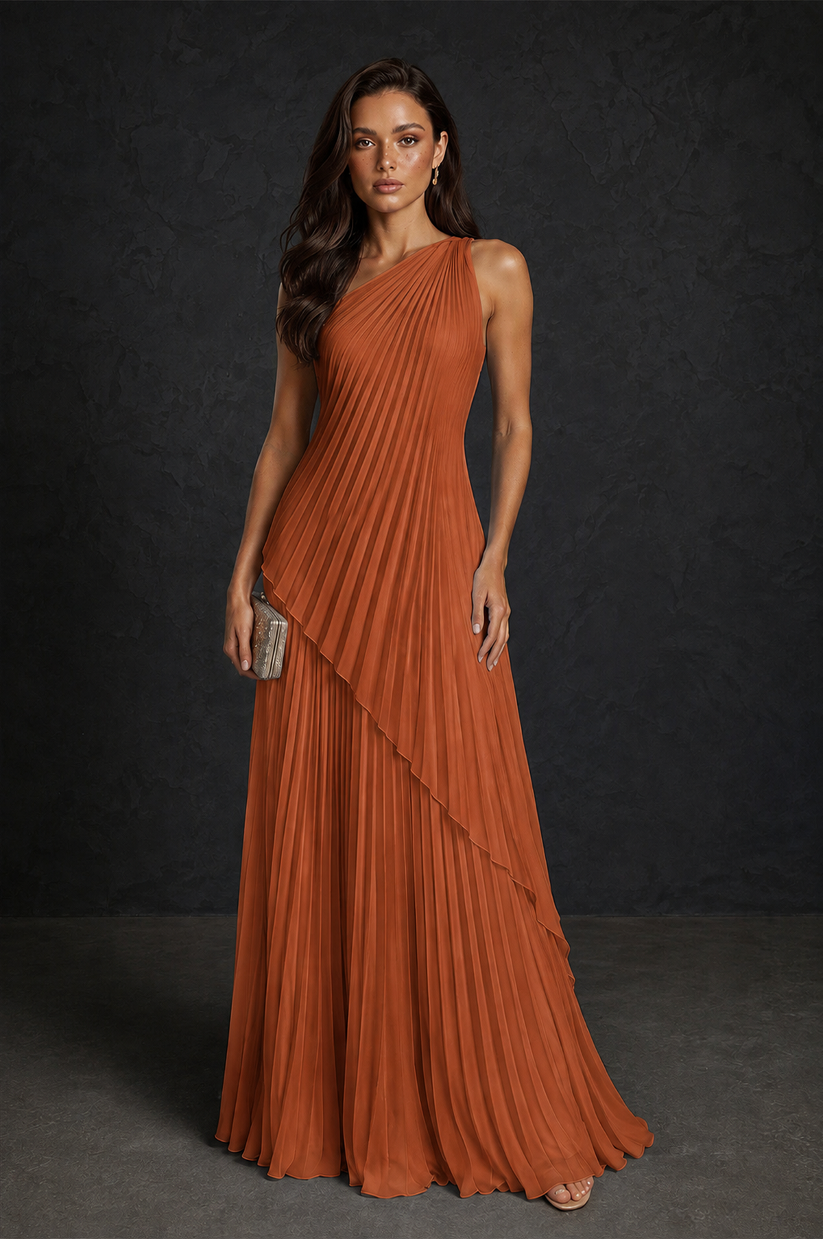 BOLODOO Burnt Orange One-Shoulder Sunburst Pleated Asymmetric Layered Overlay Accordion Pleated Chiffon Maxi Dress - Burnt Orange