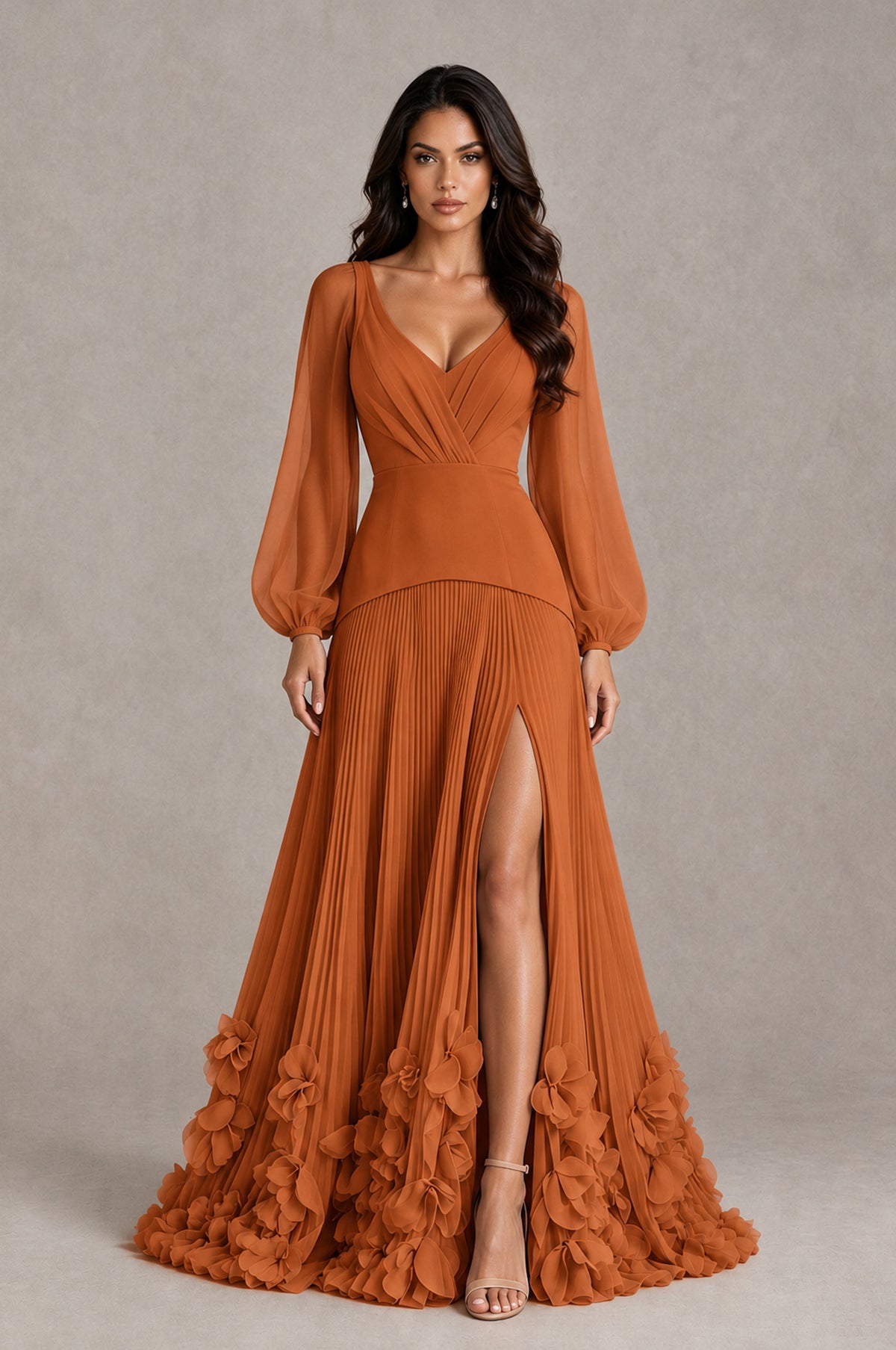 BOLODOO Burnt Orange V-Neck Long Sleeve Pleated Floral Hem Evening Dress - Burnt Orange - Burnt Orange_1