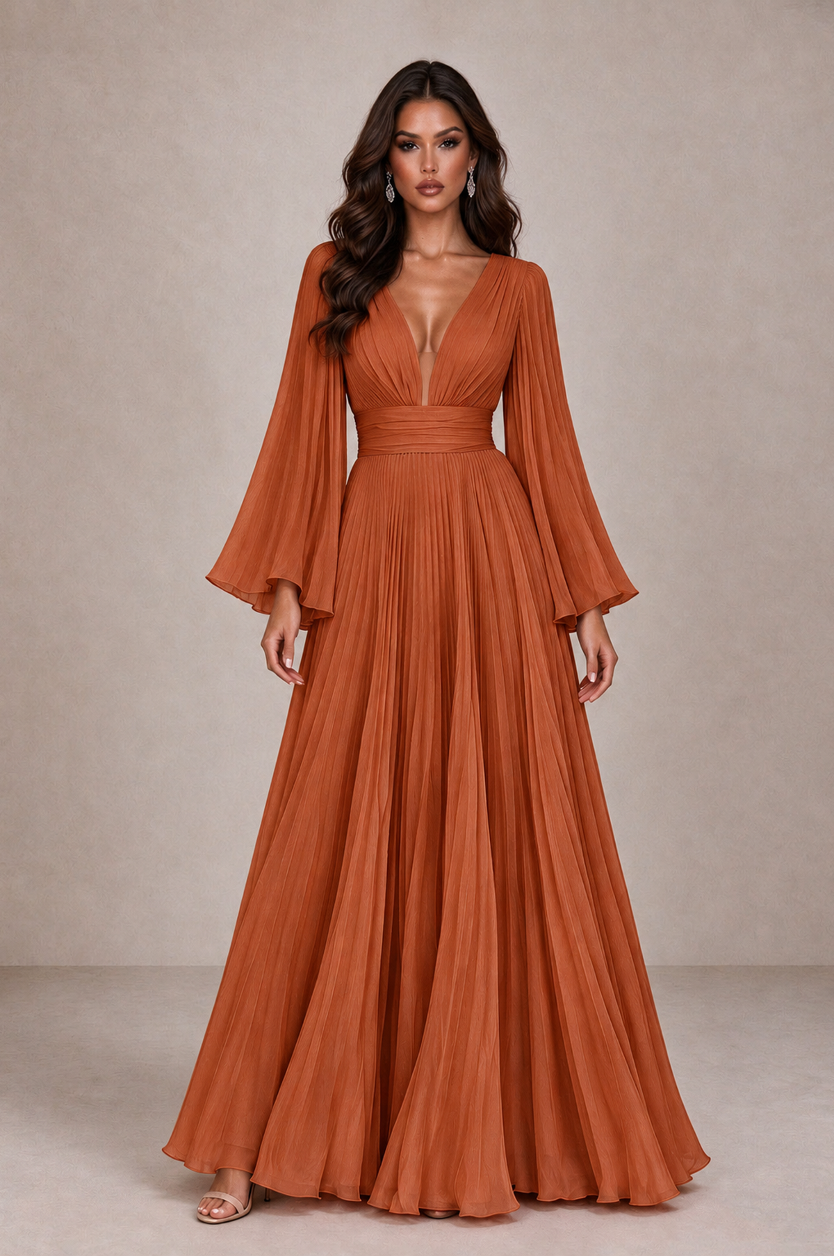 BOLODOO Burnt Orange Pleated Deep V-Neck Long Bell Sleeve Evening Dress - Burnt Orange - Burnt_Orange_1