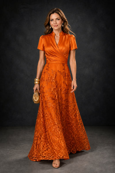 BOLODOO Burnt Orange Satin Wrap V-Neck Short Sleeve Lace Glitter A-Line Floor Length Evening Gown – Formal Dress - Burnt Orange