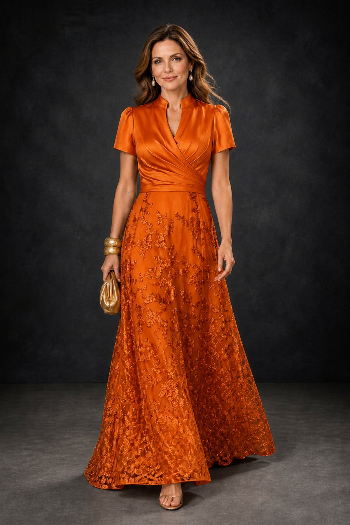 BOLODOO Burnt Orange Satin Wrap V-Neck Short Sleeve Lace Glitter A-Line Floor Length Evening Gown – Formal Dress - Burnt Orange