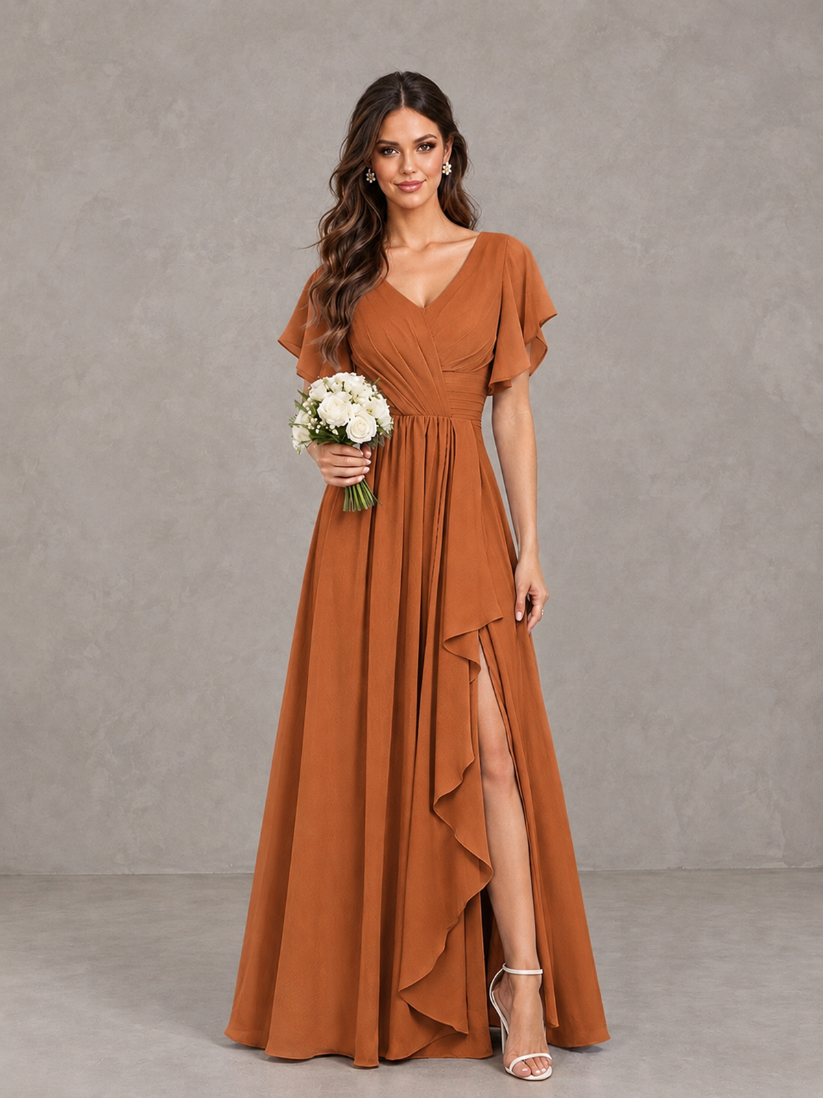 BOLODOO Burnt Orange Flutter Sleeve V-Neck Bridesmaid Dress with Ruffle Slit - Burnt Orange - Burnt Orange_1