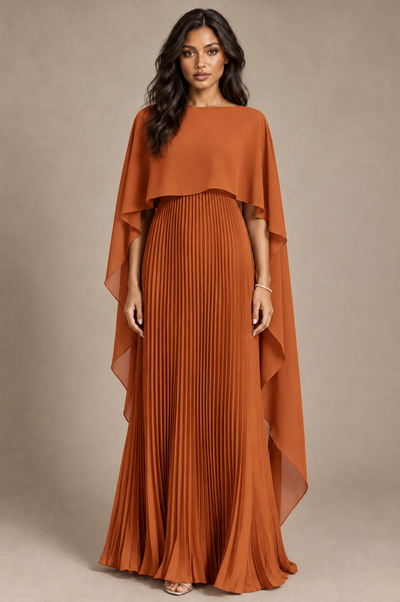 BOLODOO Burnt Orange Pleated Cape A-Line Evening Dress - Burnt Orange - Burnt_Orange_1