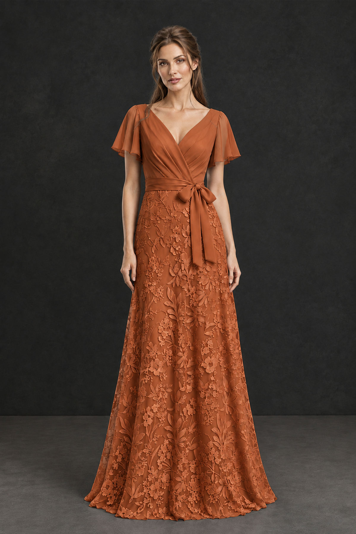 BOLODOO Burnt Orange Flutter Sleeve Lace Mother of the Bride Dress - Burnt_Orange