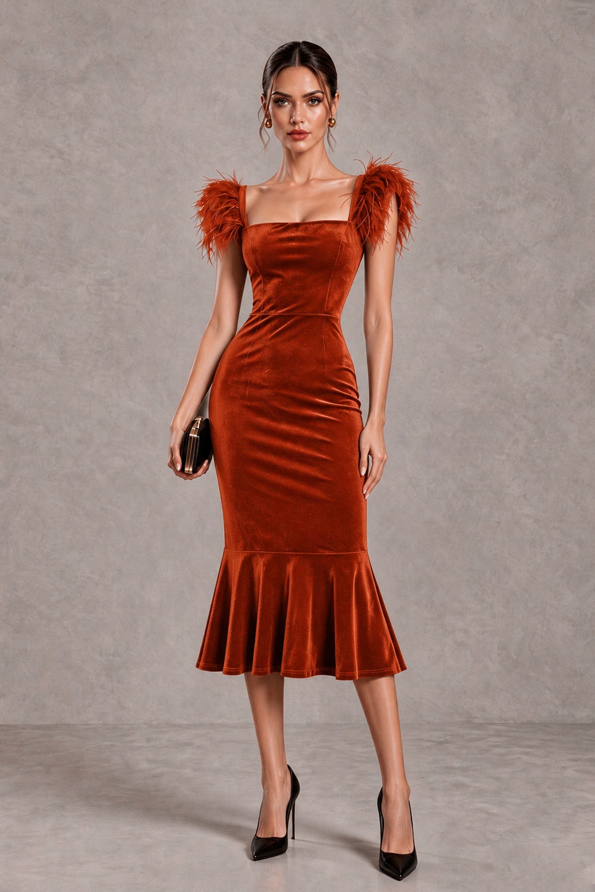 BOLODOO Burnt Orange Feather-Trim Velvet-Look Mermaid Midi Dress - Burnt Orange - Burnt Orange_1
