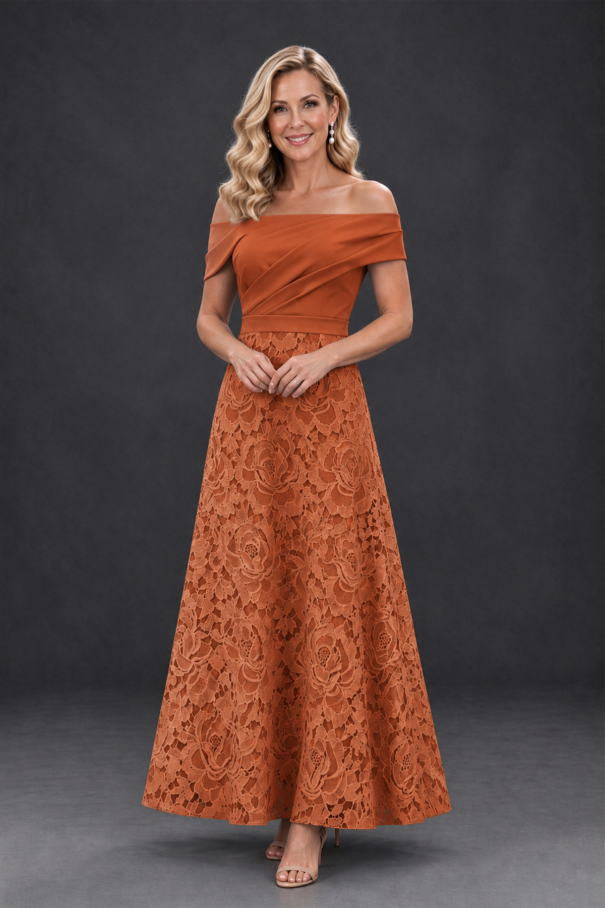 BOLODOO Burnt Orange Off-the-Shoulder Floral A-Line Mother of the Bride Dress - Burnt Orange - Burnt Orange_1