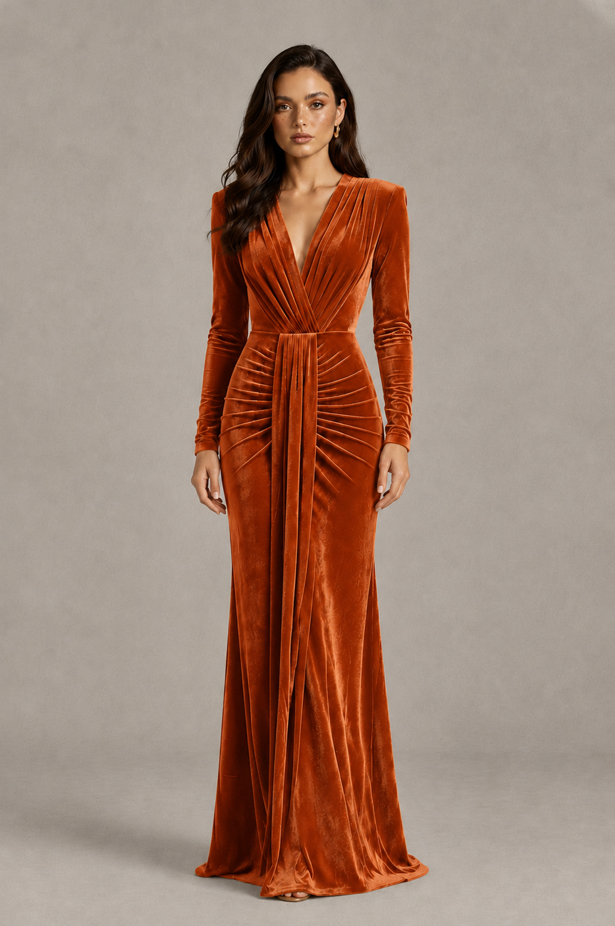 BOLODOO Burnt Orange Velvet Long Sleeve V-Neck Ruched Evening Gown - Burnt Orange