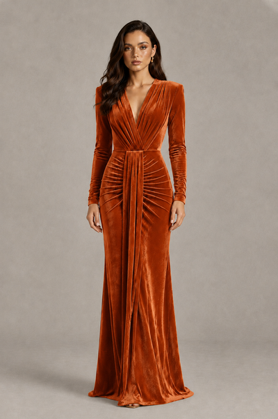 BOLODOO Burnt Orange Velvet Long Sleeve V-Neck Ruched Evening Gown - Burnt Orange