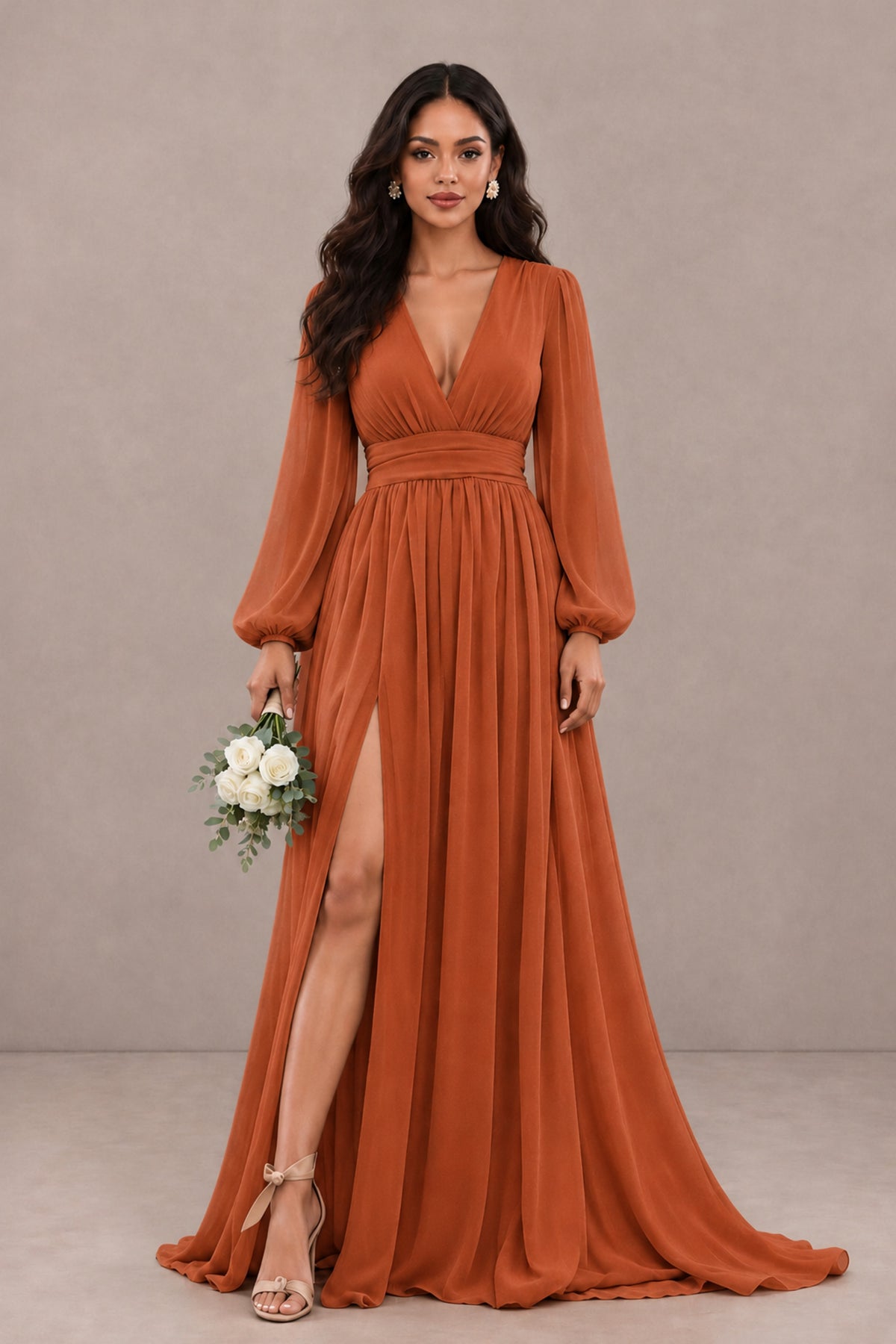 BOLODOO Burnt Orange Long Sleeve V-Neck A-Line Gown with Open Back & Slit - Burnt Orange - Burnt Orange_1