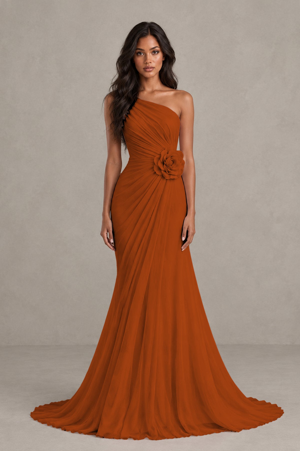 BOLODOO Burnt Orange One-Shoulder Floral Ruched Maxi Dress - Burnt Orange
