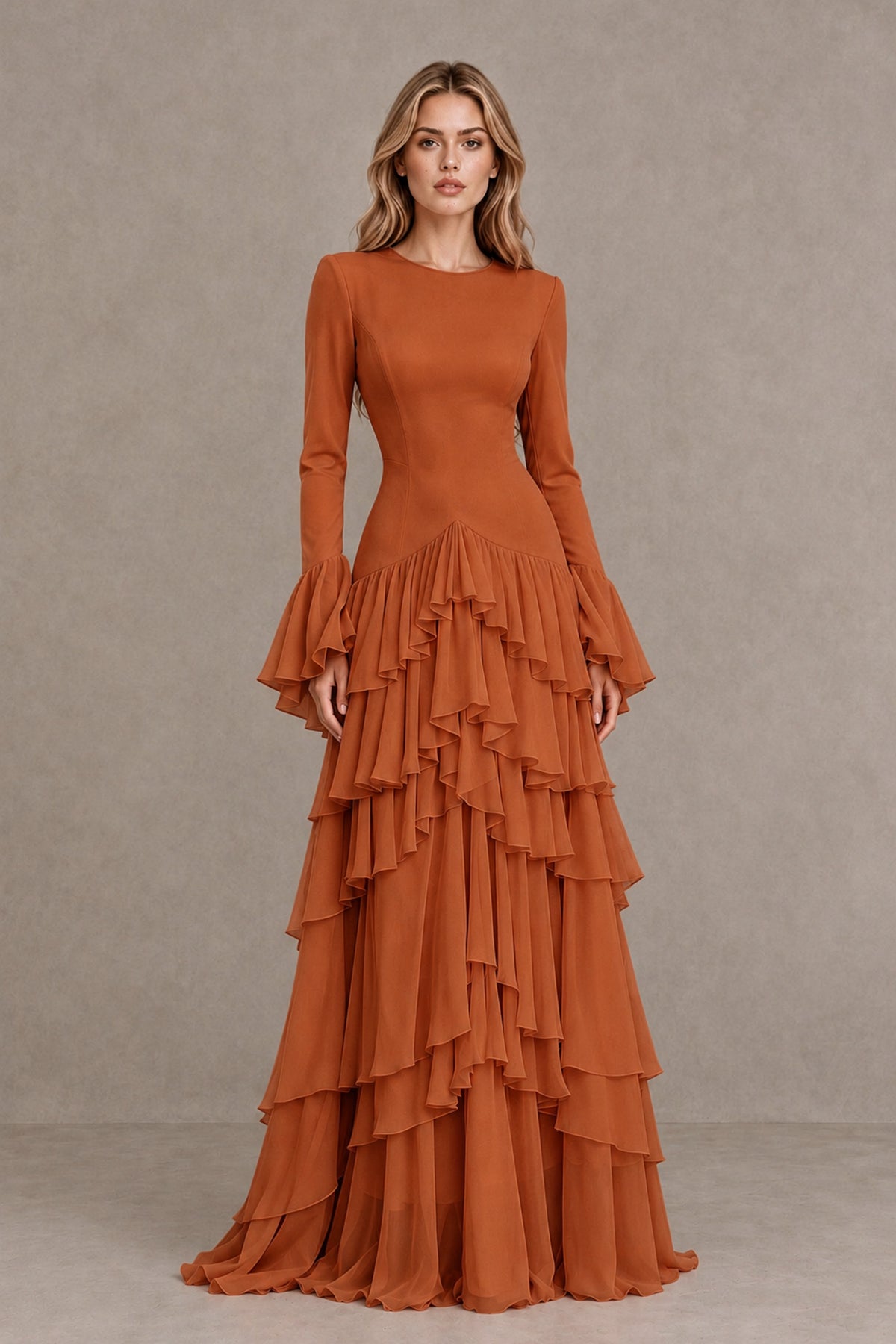 Burnt Orange Long Sleeve Tiered Ruffle Evening Gown - Burnt Orange - Burnt Orange_1