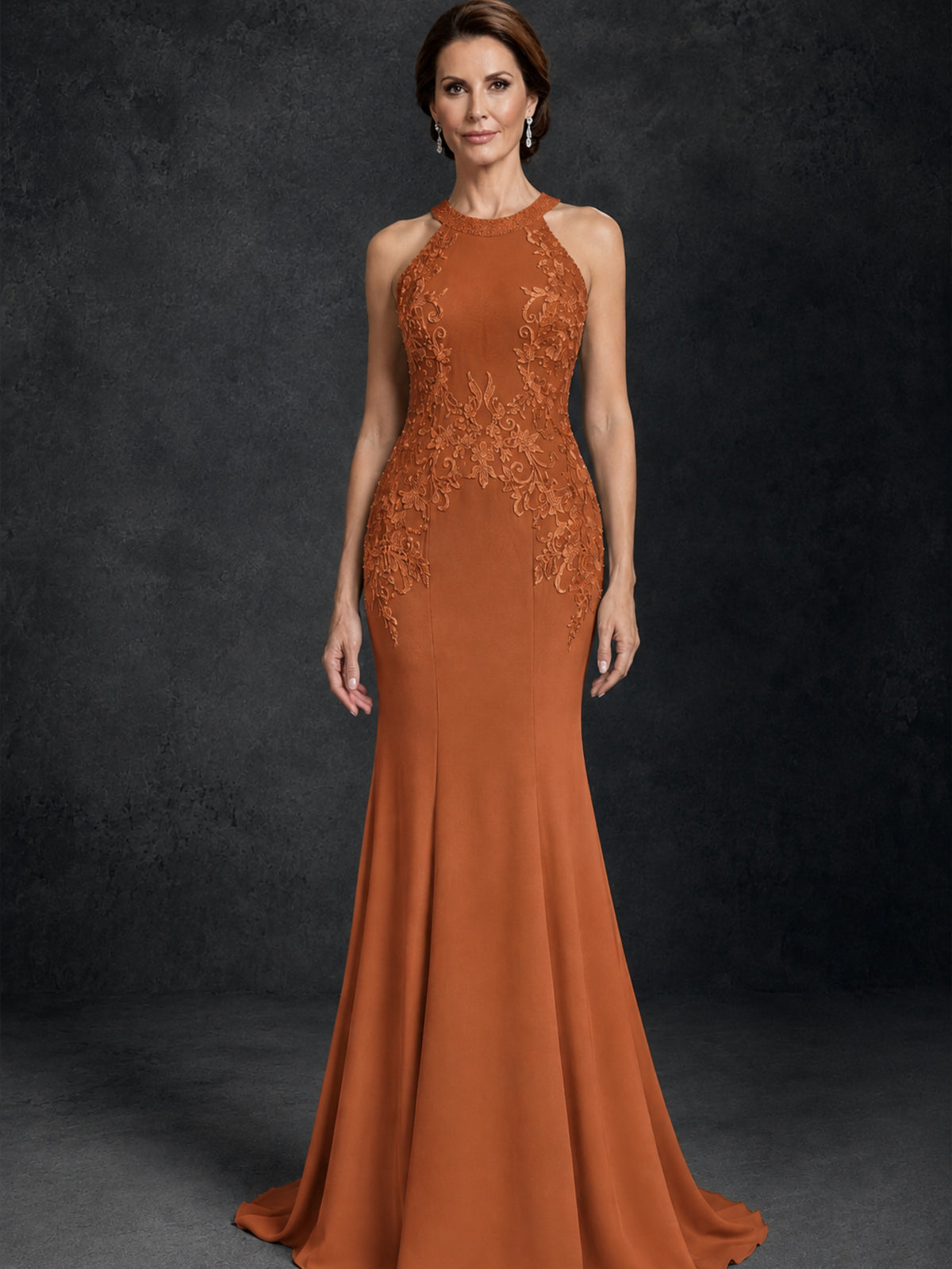 BOLODOO Burnt Orange Lace Applique Halter Neck Sheer Back Mermaid Maxi Dress with Sweep Train - Burnt Orange