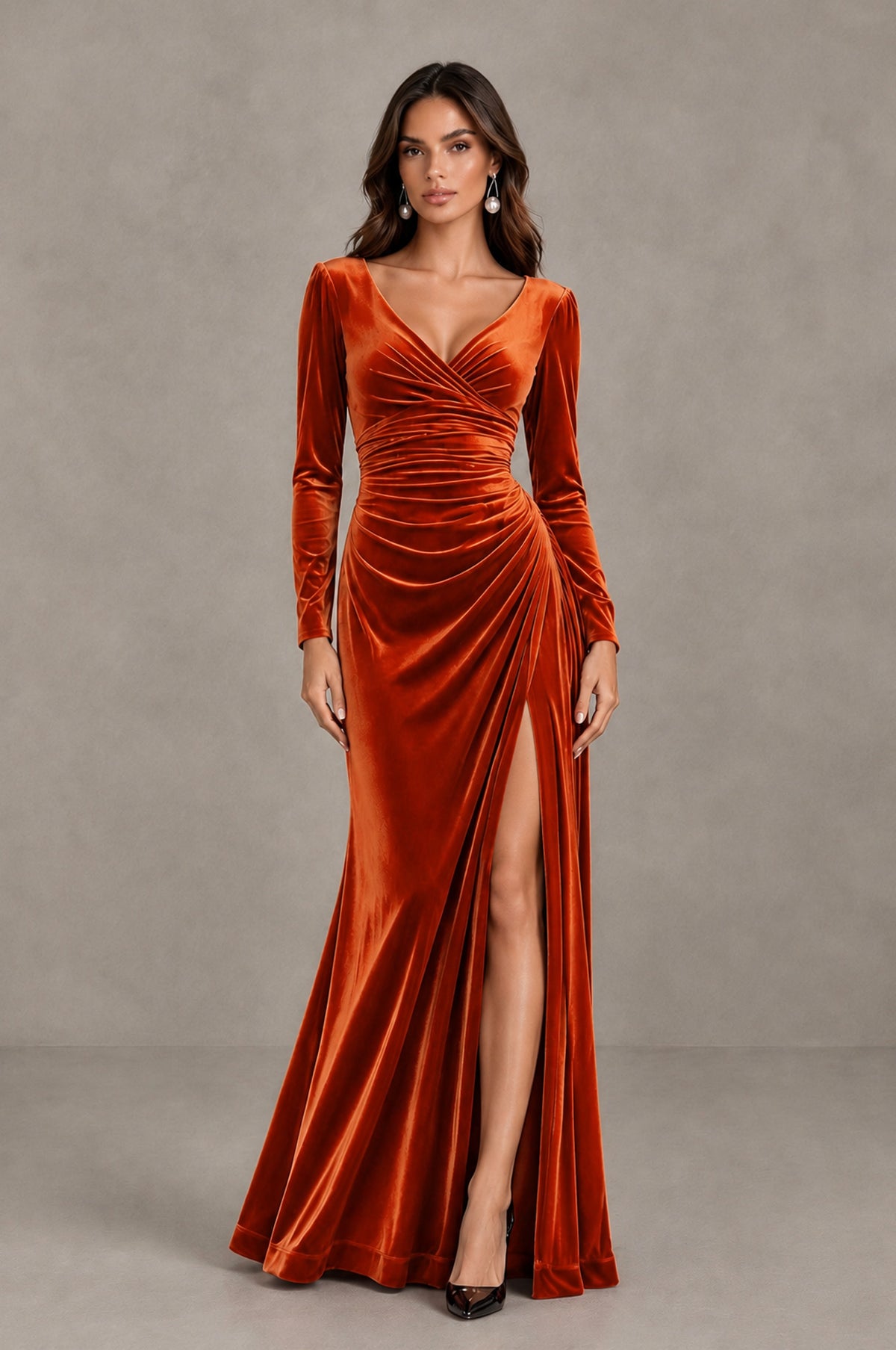 BOLODOO Burnt Orange Long Sleeve V-Neck Ruched Velvet Formal Dress - Burnt Orange - Burnt Orange_1