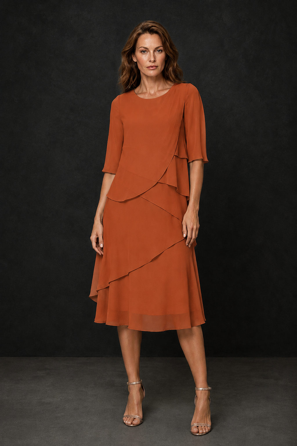 BOLODOO Burnt Orange Chiffon 3/4 Sleeve Asymmetric Tiered Tea Length Dress | Mother of the Bride Midi Dress - Burnt Orange