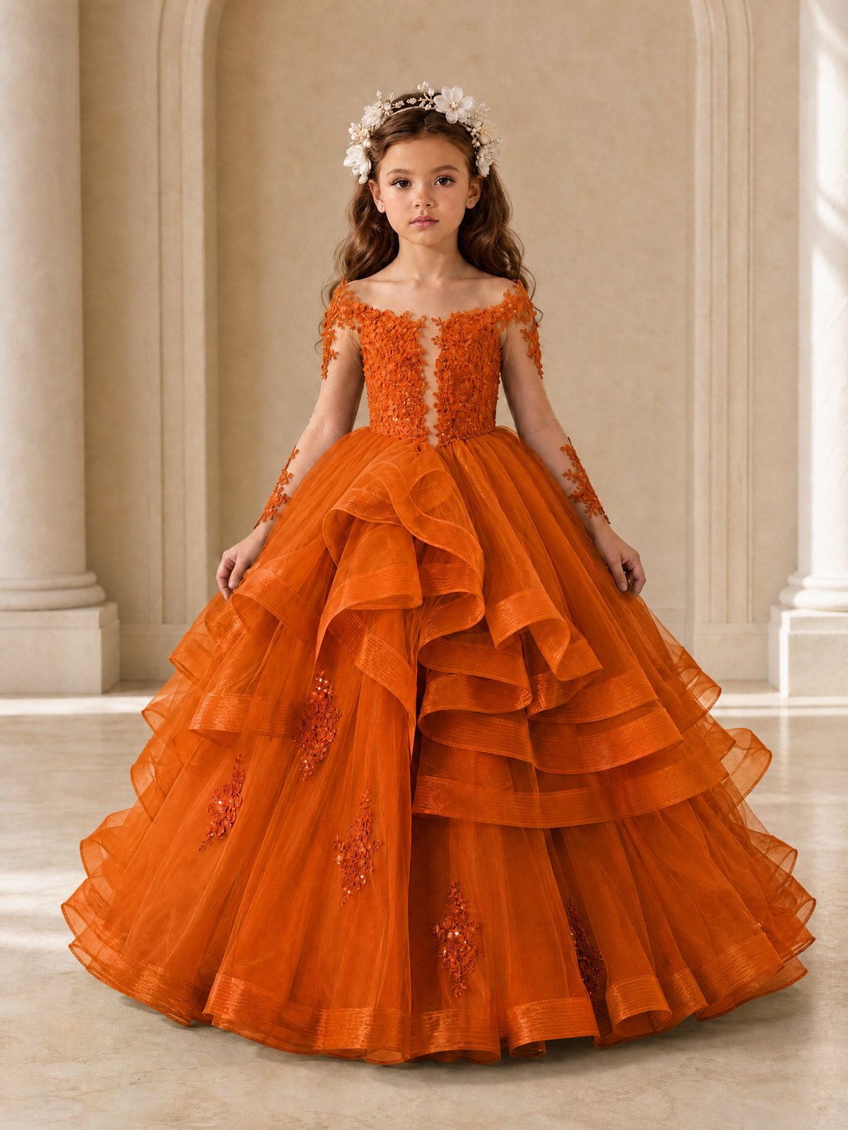 BOLODOO Burnt Orange Lace Long Sleeve Tiered Flower Girl Dress - Burnt Orange - Burnt_Orange_1