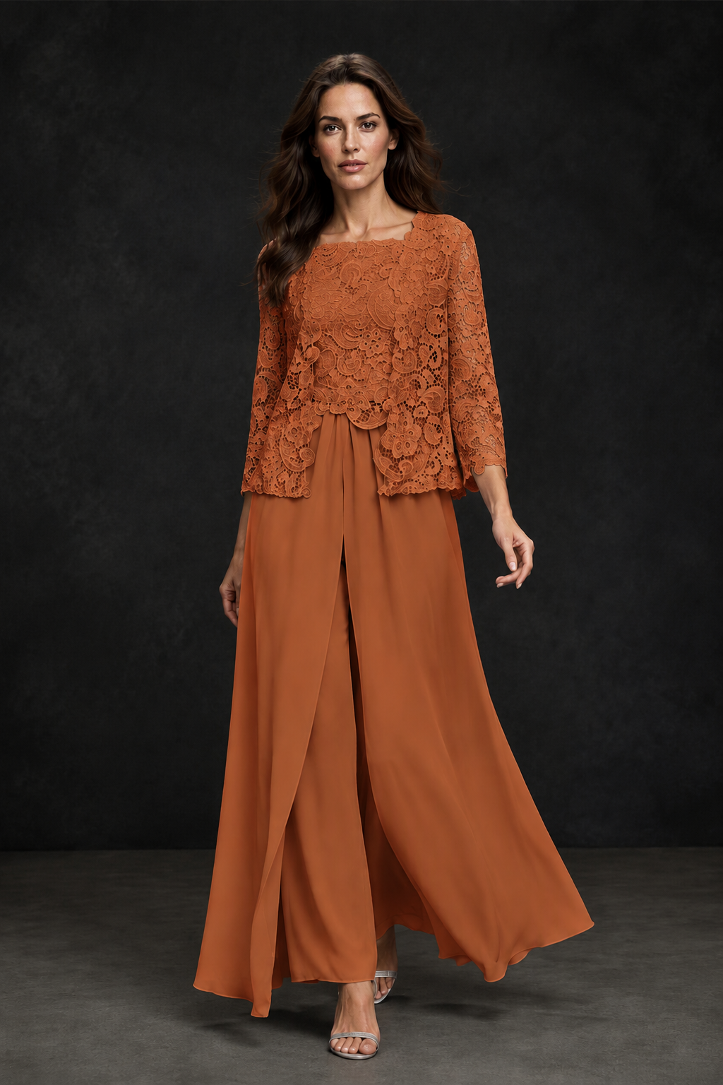 BOLODOO Burnt Orange Grey Lace Peplum Top & Wide-Leg Chiffon Pants Set | Mother of the Bride & Formal Evening Outfit - Burnt Orange