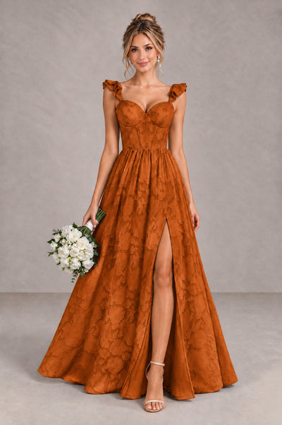 BOLODOO Burnt Orange Floral A-Line Bridesmaid Dress with Slit Ruffle Straps Maxi Gown - Burnt Orange - Burnt Orange_1