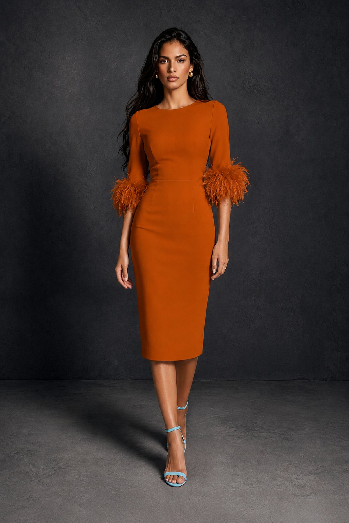 BOLODOO Burnt Orange Ostrich Feather Cuff 3/4 Sleeve Round Neck Bodycon Midi Dress with Back Slit - Burnt Orange
