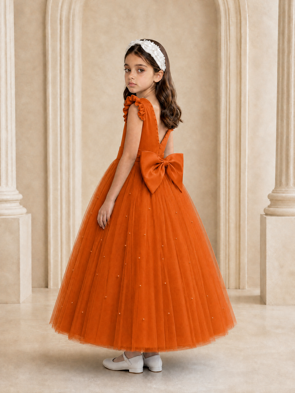 BOLODOO Burnt Orange Tulle Flower Girl Dress with Ruffle Sleeves & Bow Back - Burnt Orange - Burnt_Orange_1