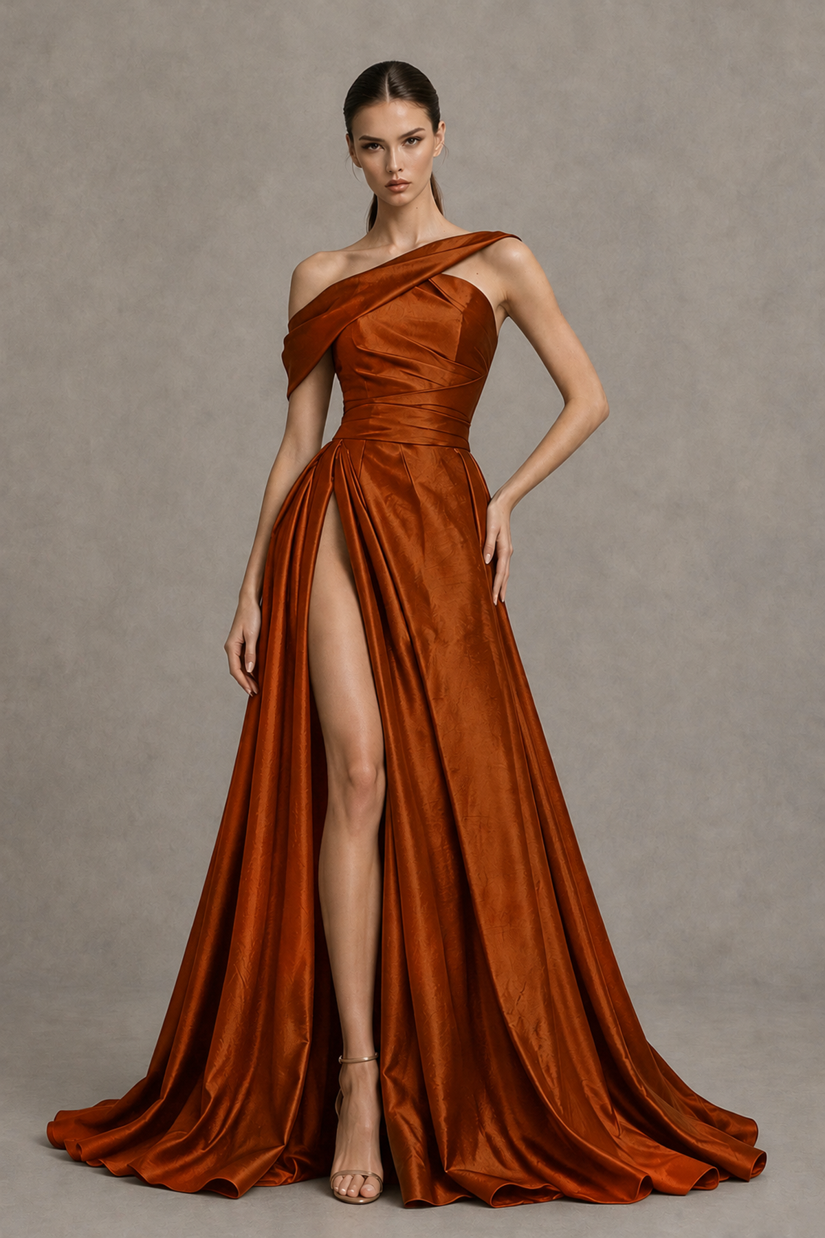BOLODOO Burnt Orange Asymmetric Satin-Look A-Line Prom Dress with High Slit - Burnt Orange - Burnt Orange_1