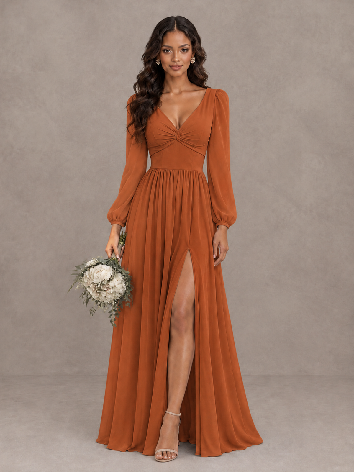 BOLODOO Burnt Orange V-Neck Long Sleeve Bridesmaid Dress with Tie Back and Slit - Burnt Orange - Burnt Orange_1