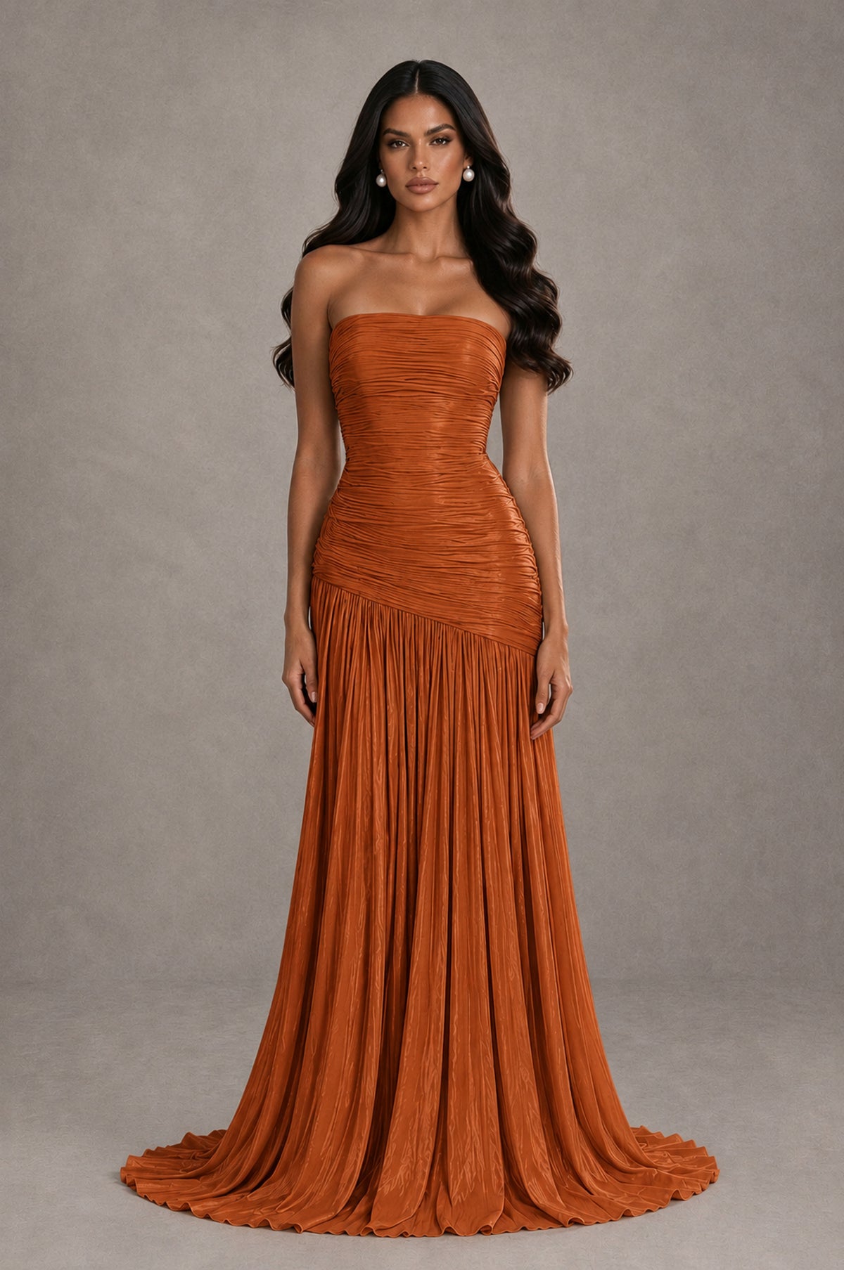 BOLODOO Burnt Orange Metallic Ruched Strapless Pleated A-Line Backless Maxi Dress with Train - Burnt Orange - Burnt Orange_1