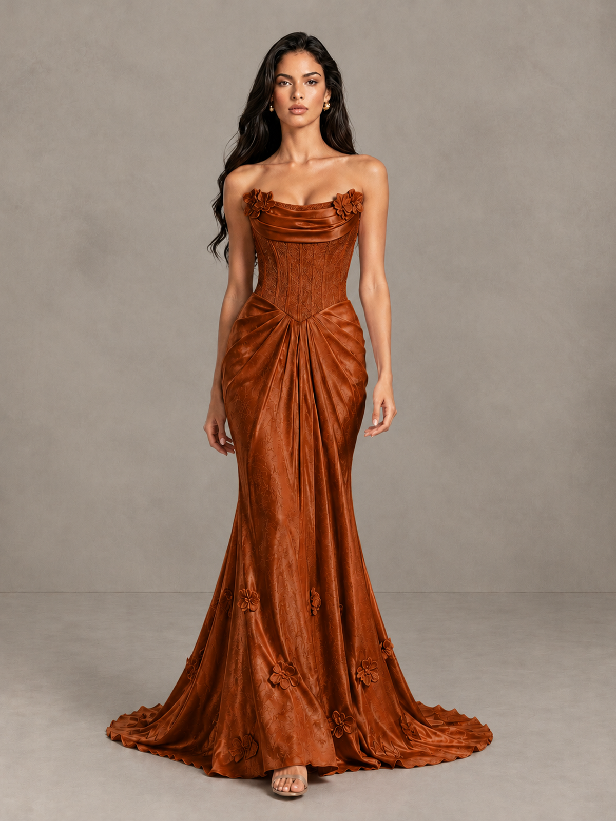 BOLODOO Burnt Orange Strapless Floral Corset Evening Gown with Train - Burnt Orange - Burnt Orange_1