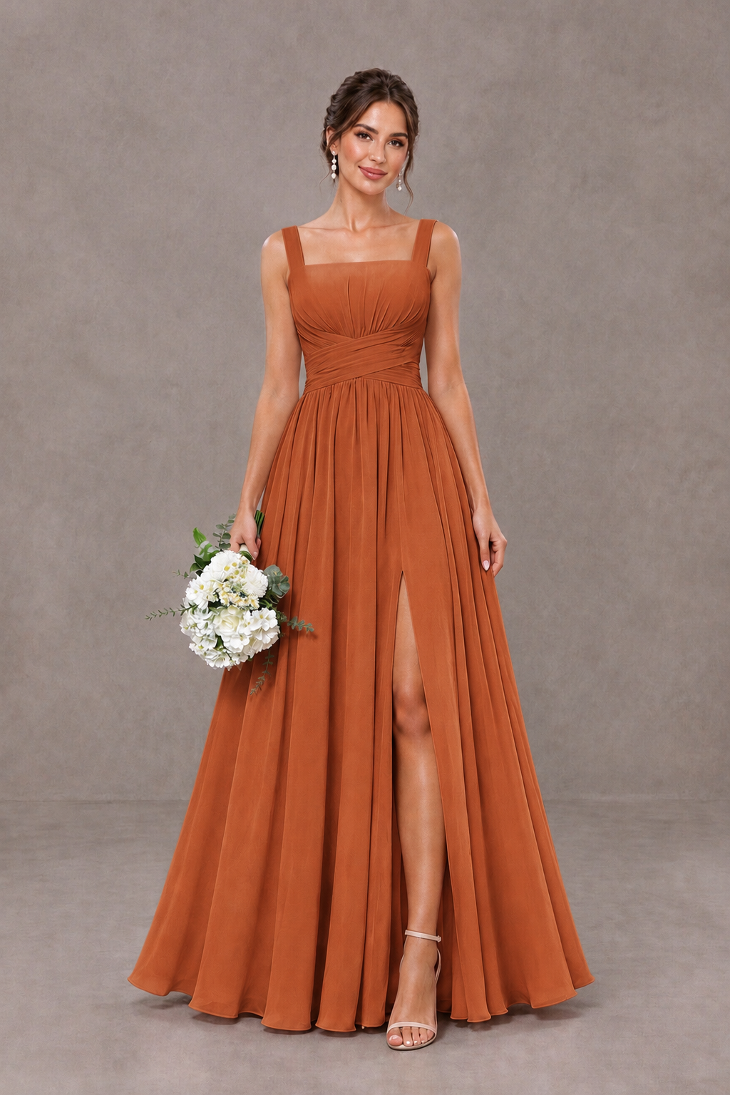 BOLODOO Burnt Orange Square Neck A-Line Bridesmaid Dress with Slit - Burnt Orange - Burnt Orange_1