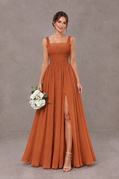 BOLODOO Burnt Orange Square Neck A-Line Bridesmaid Dress with Slit - Burnt Orange - Burnt Orange_1