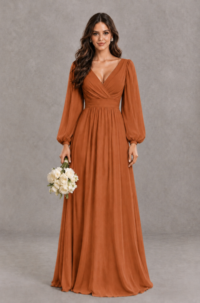 BOLODOO Burnt Orange Long Sleeve V-Neck A-Line Bridesmaid Dress - Burnt Orange - Burnt Orange_1