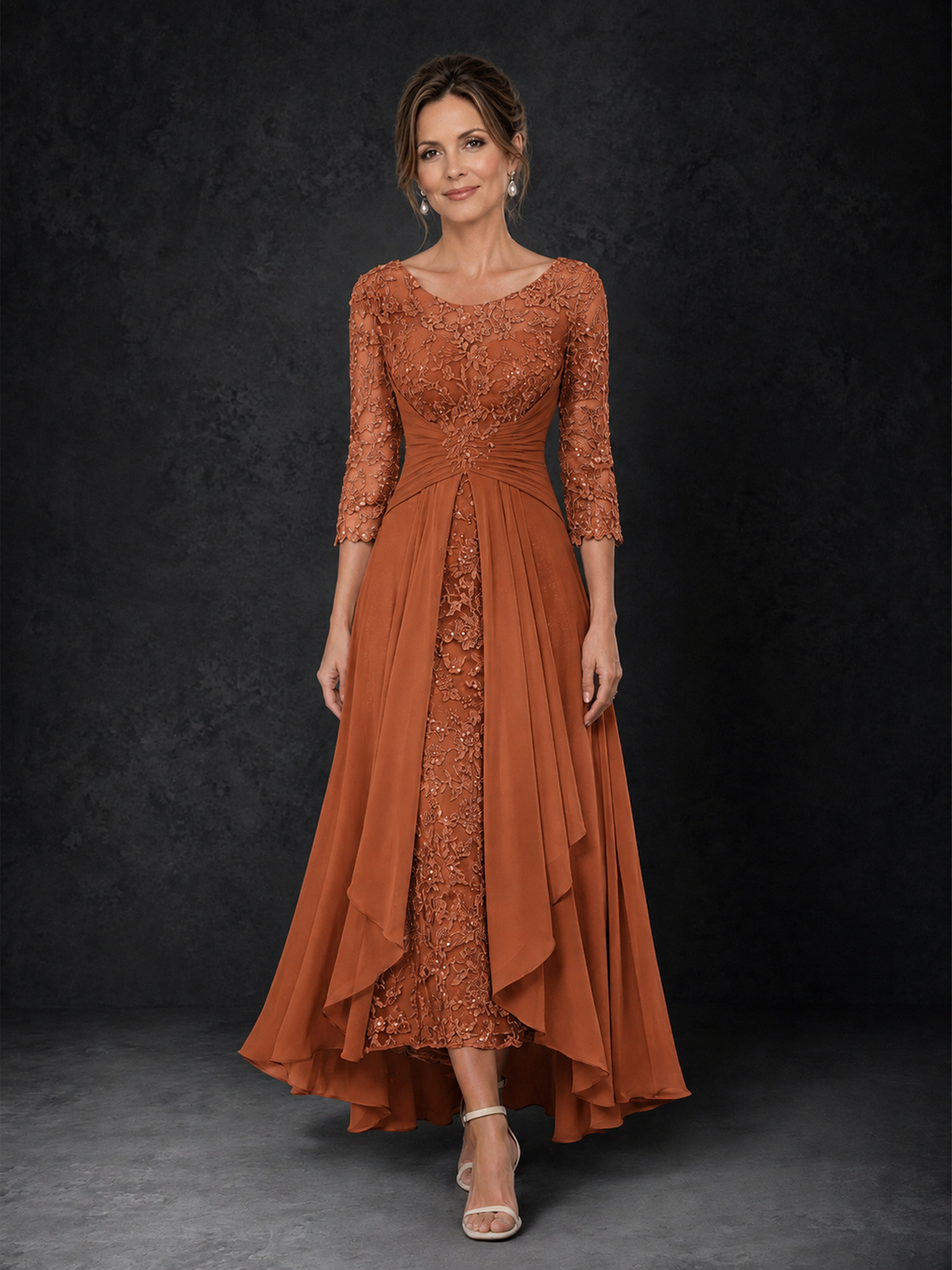 BOLODOO Burnt Orange Sequin Lace & Chiffon Tea-Length Mother of the Bride Dress with 3/4 Sleeves - Burnt Orange