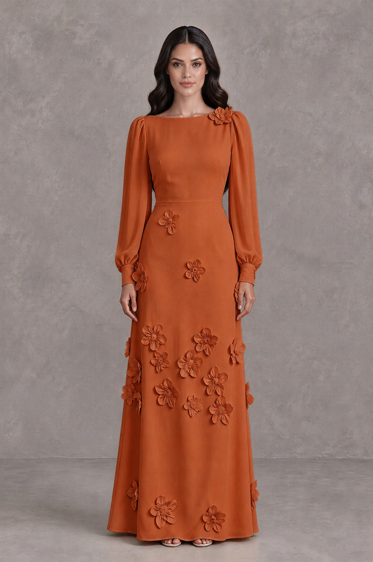 BOLODOO Burnt Orange Long Sleeve Floral Applique A-Line Evening Dress - Burnt Orange - Burnt Orange_1