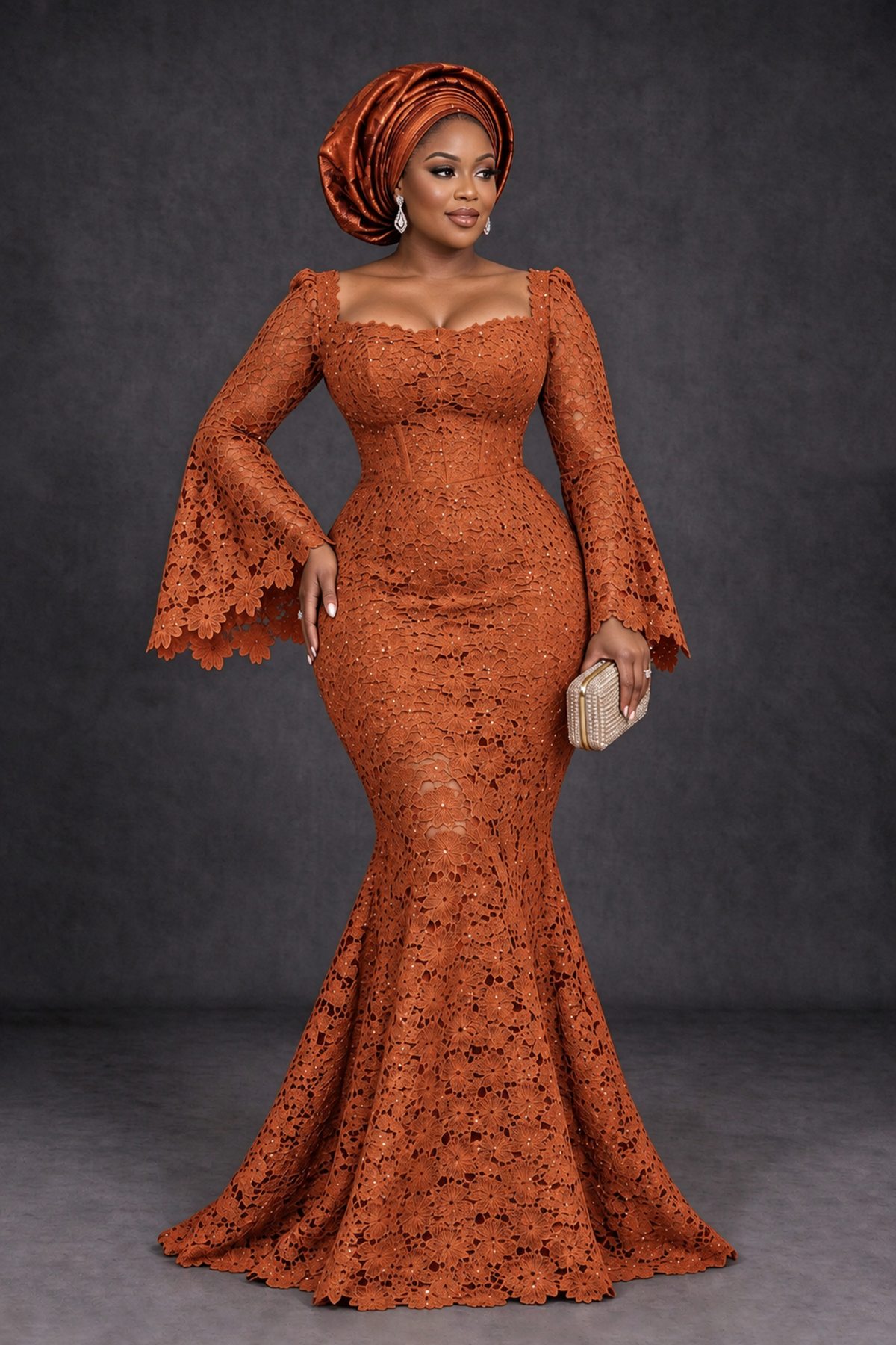 BOLODOO Burnt Orange African Lace Mermaid Dress, Plus Size Nigerian Wedding Guest Gown with Bell Sleeves - Burnt Orange - Burnt Orange_1