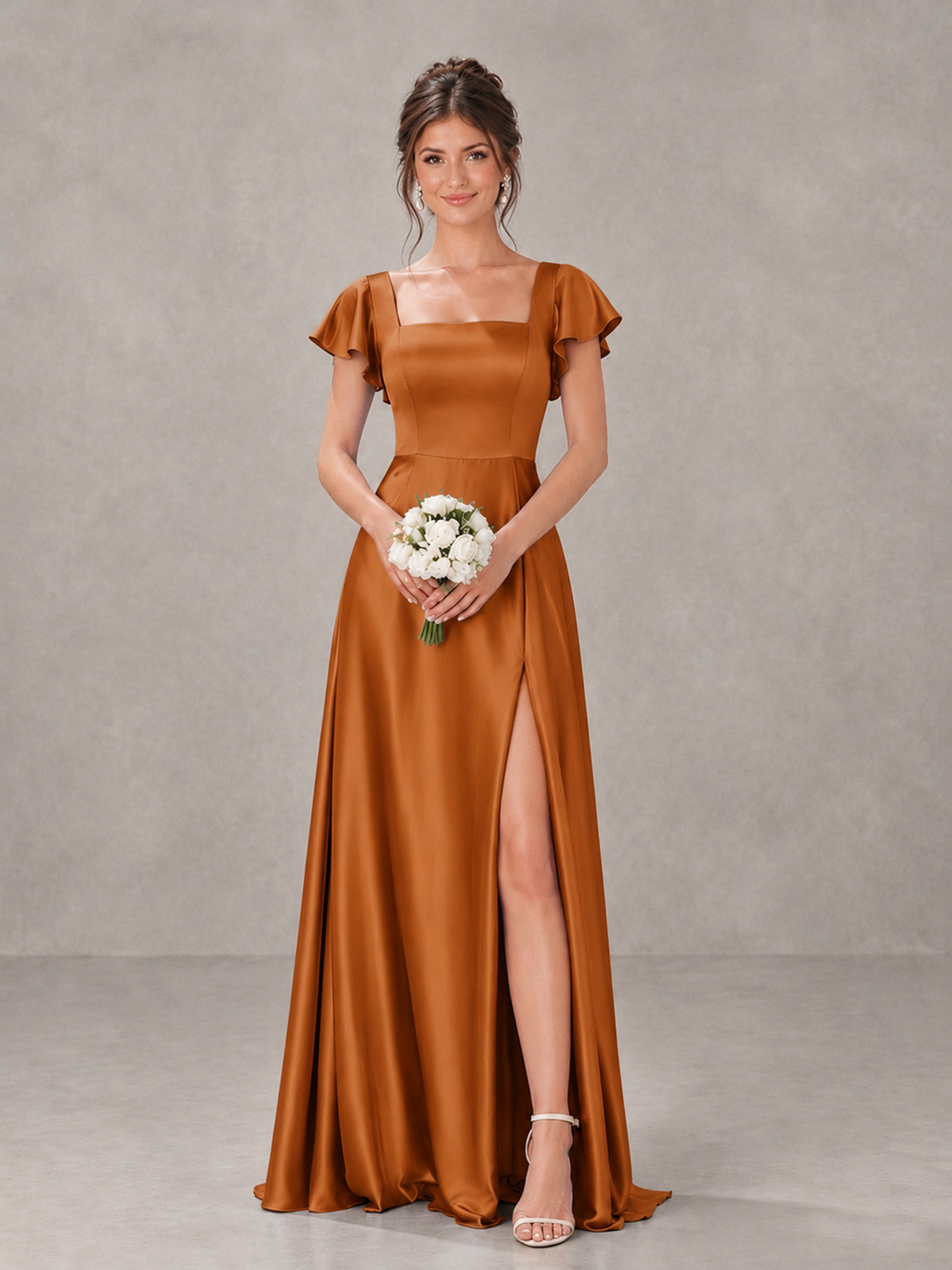 BOLODOO Burnt Orange Satin Square Neck Flutter Sleeve A-Line Bridesmaid Dress with Slit - Burnt Orange - Burnt Orange_1
