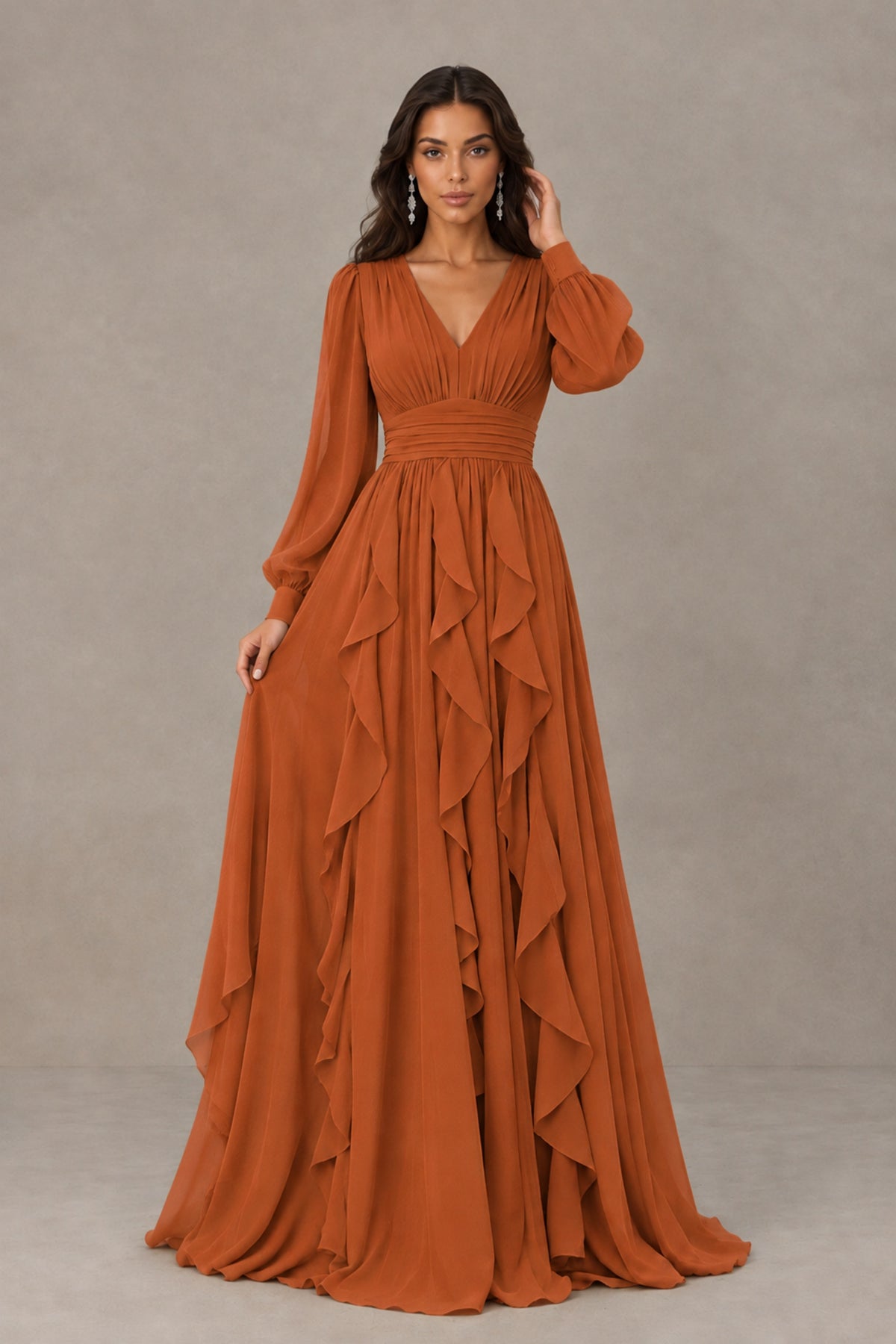 BOLODOO Burnt Orange Long Sleeve V-Neck Ruffle Maxi Dress - Burnt Orange