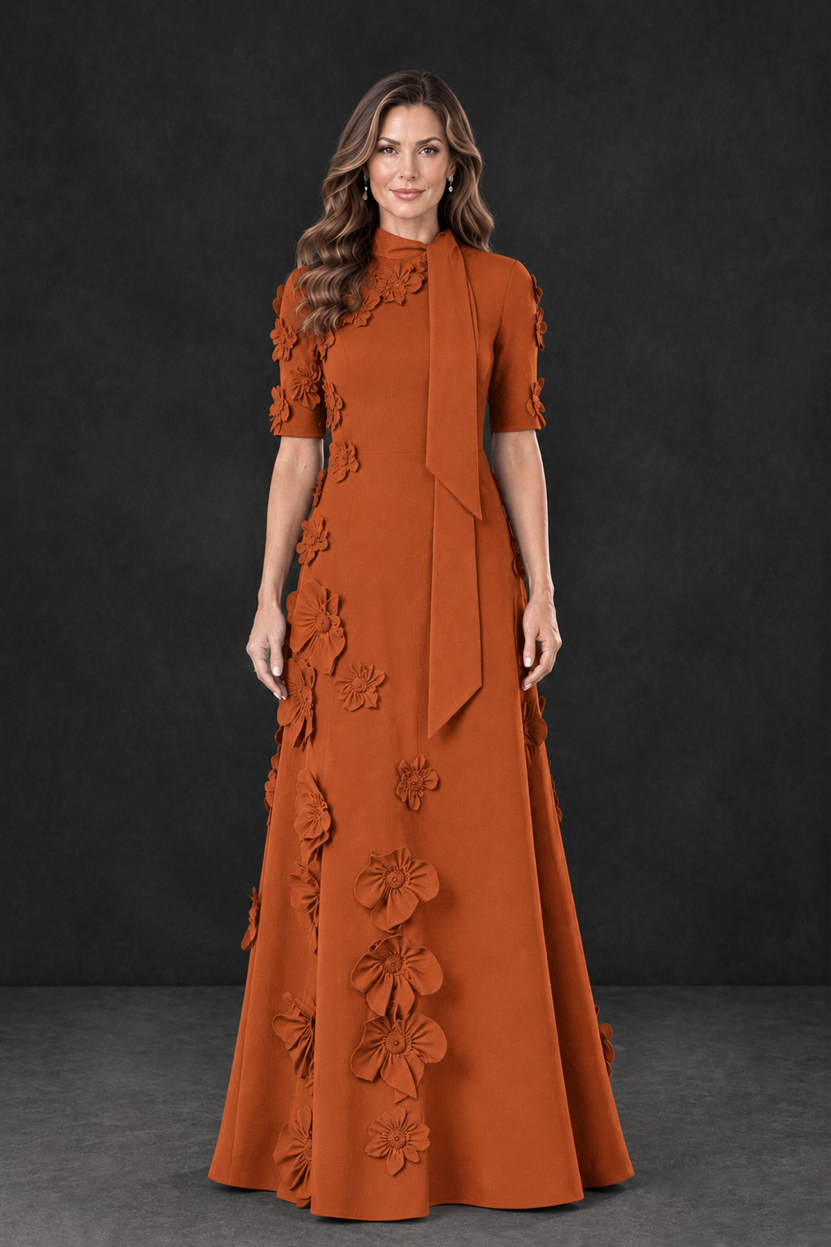 BOLODOO Burnt Orange Floral Applique High-Neck Half-Sleeve Gown - Burnt Orange - Burnt Orange_1
