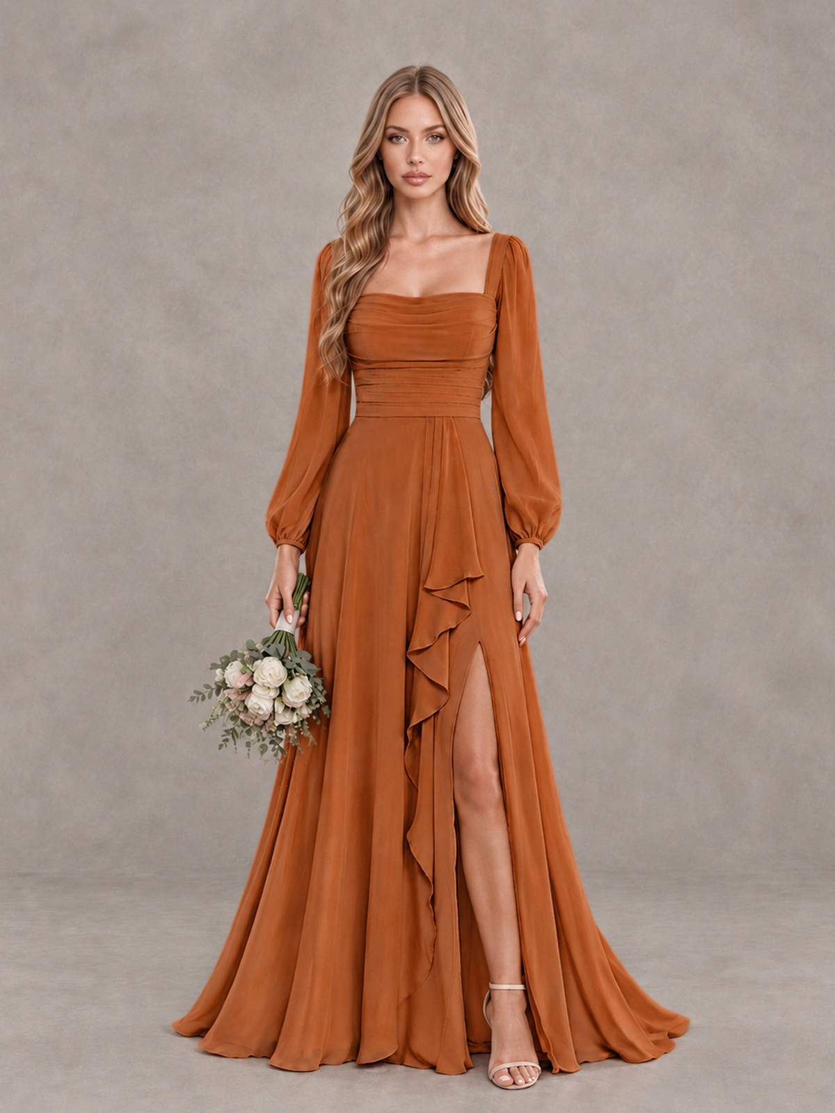 BOLODOO Burnt Orange Square Neck Long Sleeve Bridesmaid Dress with Ruffle Slit - Burnt Orange - Burnt Orange_1