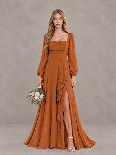 BOLODOO Burnt Orange Square Neck Long Sleeve Bridesmaid Dress with Ruffle Slit - Burnt Orange - Burnt Orange_1