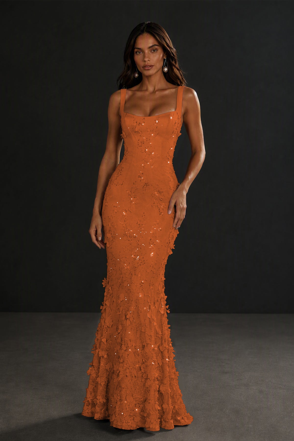 BOLODOO Burnt Orange Sequin 3D Floral Mermaid Maxi Gown – Lace-Up Back Formal Dress - Burnt Orange