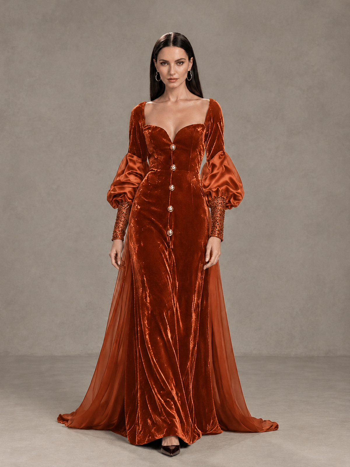BOLODOO Burnt Orange Velvet Long Sleeve Open-Back Evening Gown - Burnt Orange - Burnt Orange_1