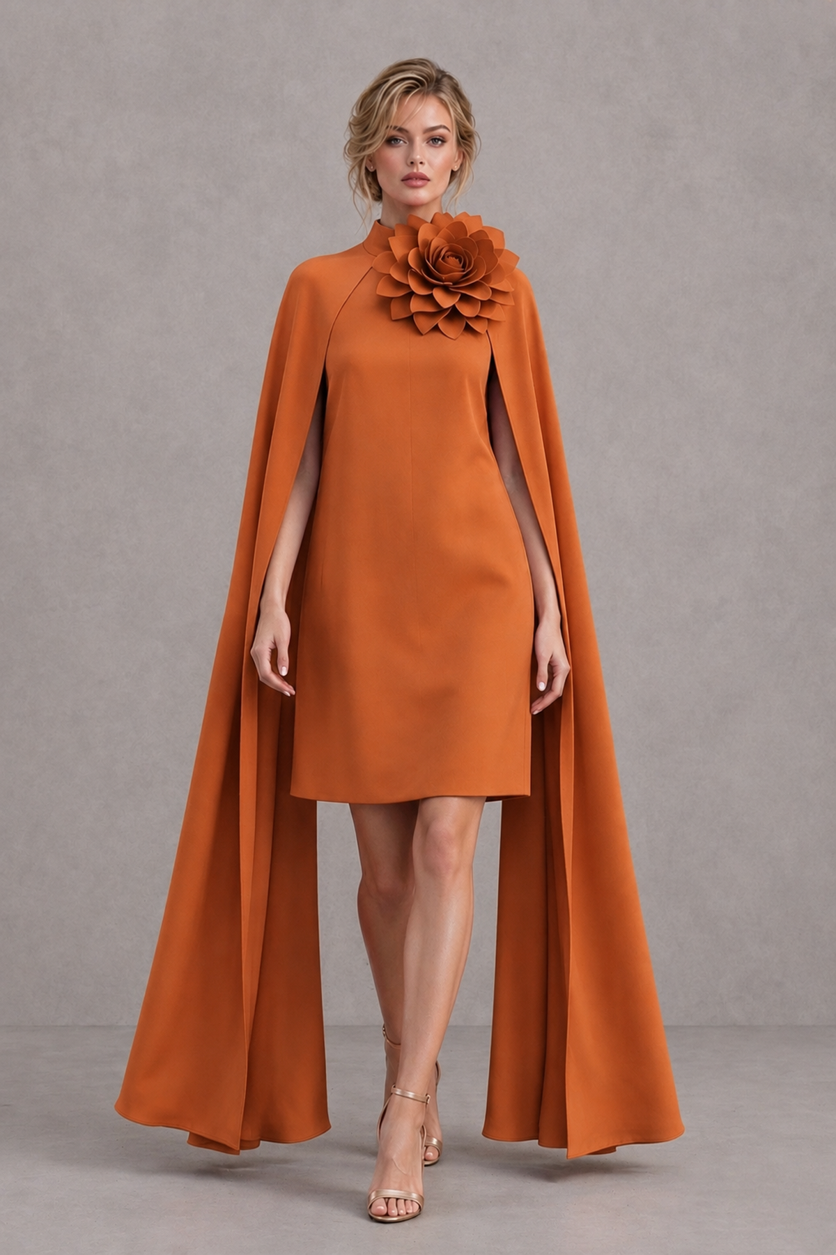 BOLODOO Burnt Orange High Neck Floral Cape Mini Cocktail Dress - Burnt Orange - Burnt Orange_1