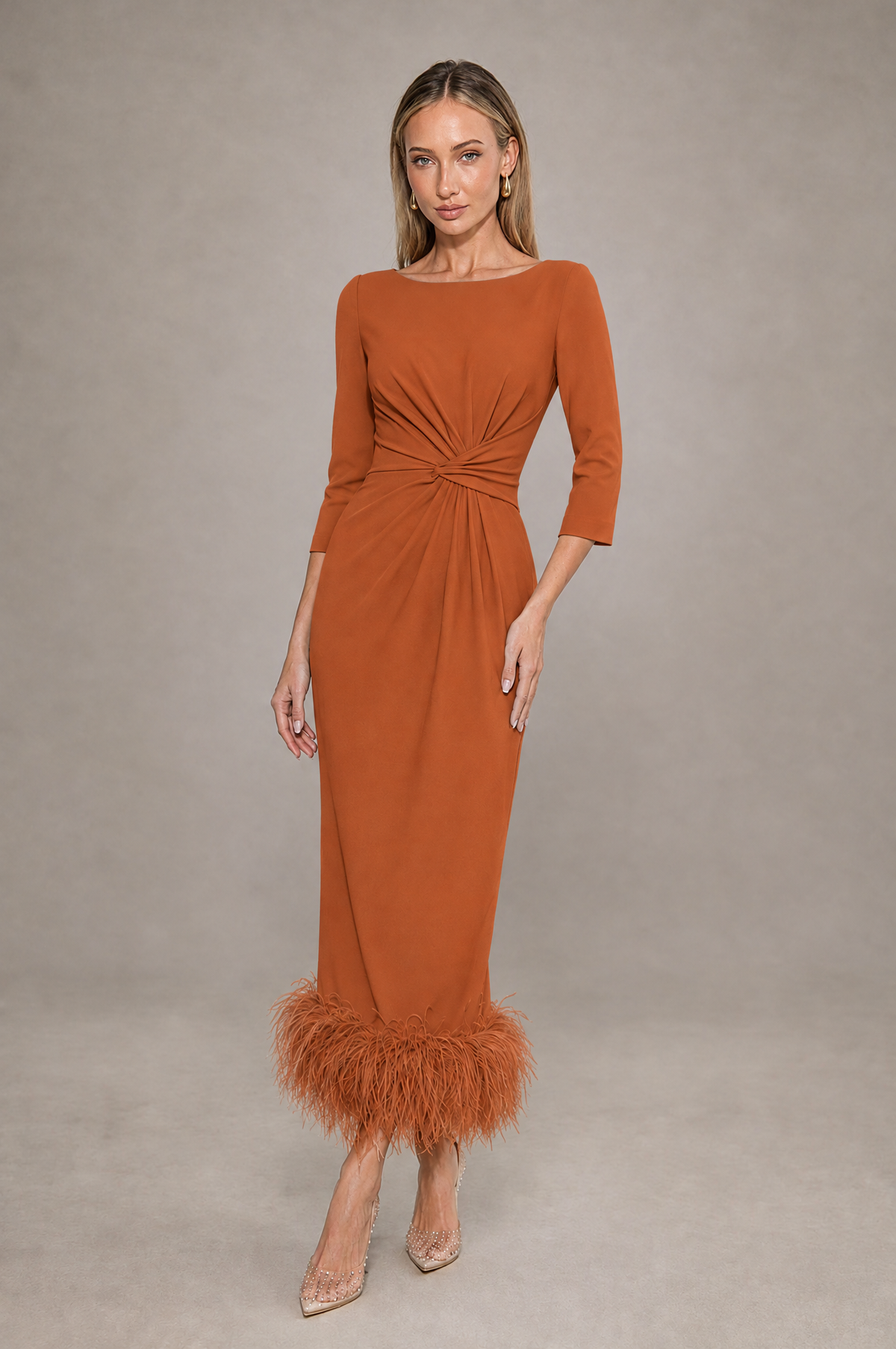 BOLODOO Burnt Orange Feather-Trim Twist-Waist Midi Dress - Burnt Orange - Burnt_Orange_1