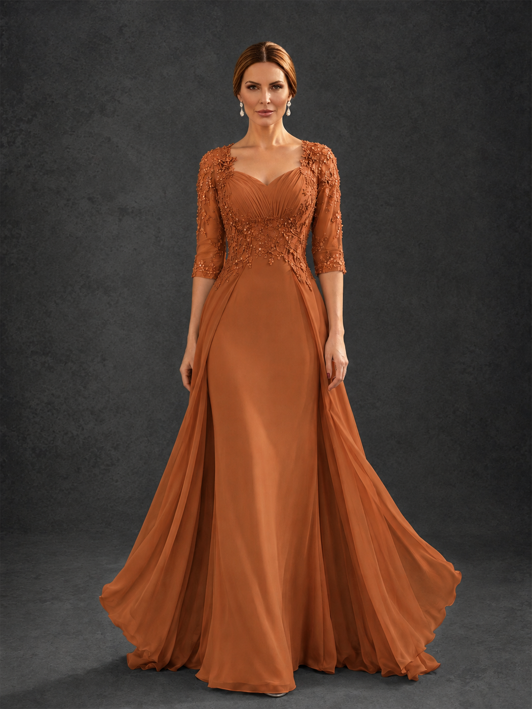 BOLODOO Burnt Orange Sweetheart Neck 3/4 Sleeve Floral Lace Illusion Bodice Chiffon A-Line Gown - Burnt Orange