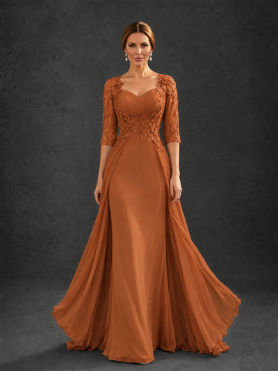 BOLODOO Burnt Orange Sweetheart Neck 3/4 Sleeve Floral Lace Illusion Bodice Chiffon A-Line Gown - Burnt Orange