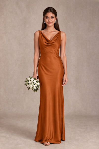 BOLODOO Burnt Orange Cowl Neck Open Back Satin Bridesmaid Dress - Burnt Orange - Burnt Orange_1